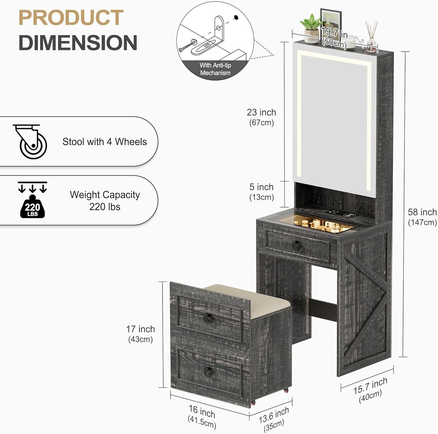 GLAMORA™ 7-in-1 Vanity Table with LED Mirror, Chair, Charging Station & Hidden Compartments