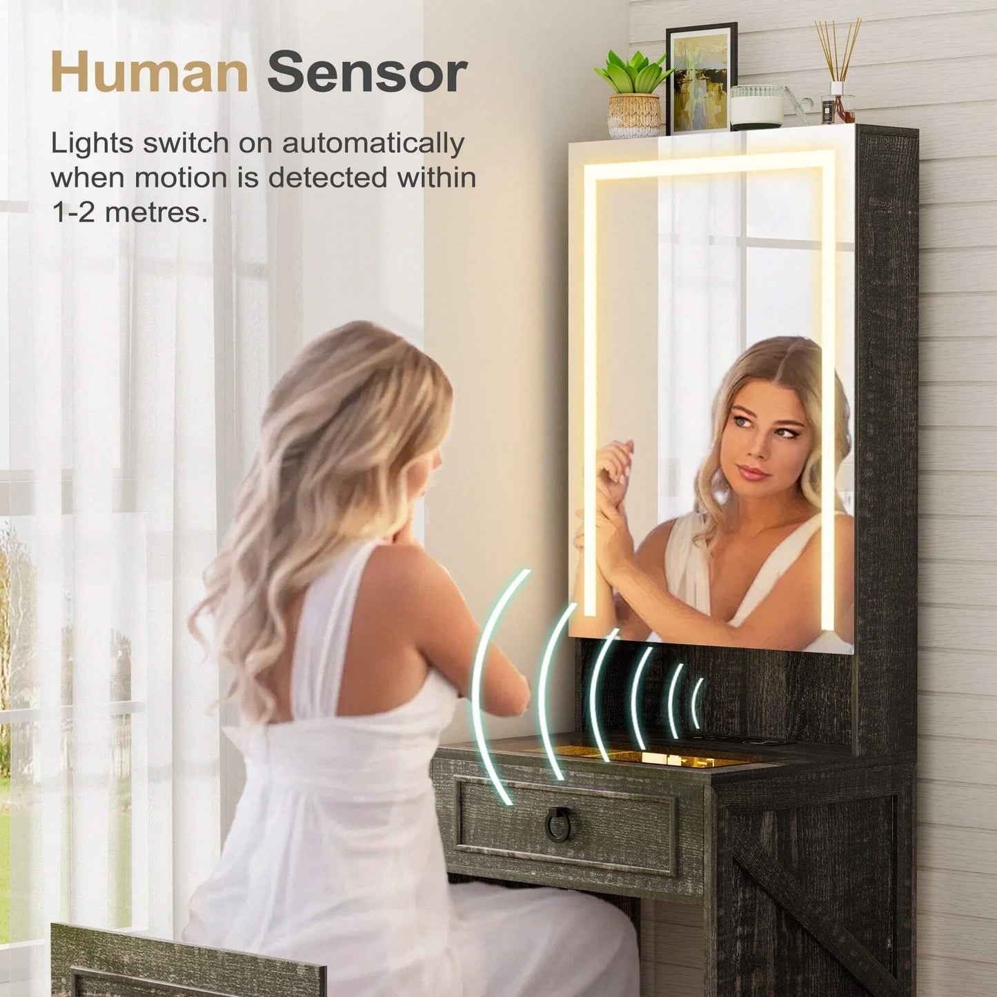 GLAMORA™ 7-in-1 Vanity Table with LED Mirror, Chair, Charging Station & Hidden Compartments