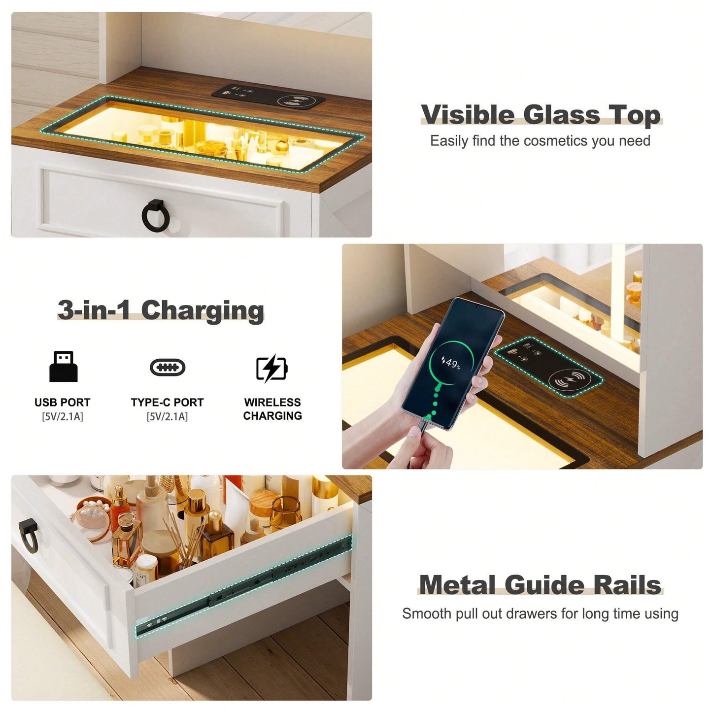 GLAMORA™ 7-in-1 Vanity Table with LED Mirror, Chair, Charging Station & Hidden Compartments