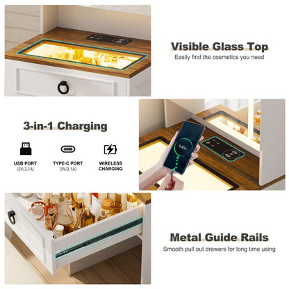 GLAMORA™ 7-in-1 Vanity Table with LED Mirror, Chair, Charging Station & Hidden Compartments