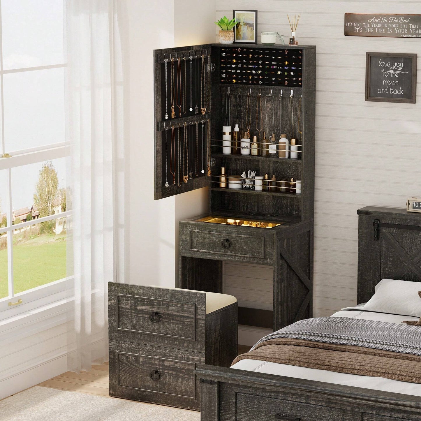 GLAMORA™ 7-in-1 Vanity Table with LED Mirror, Chair, Charging Station & Hidden Compartments