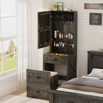 GLAMORA™ 7-in-1 Vanity Table with LED Mirror, Chair, Charging Station & Hidden Compartments