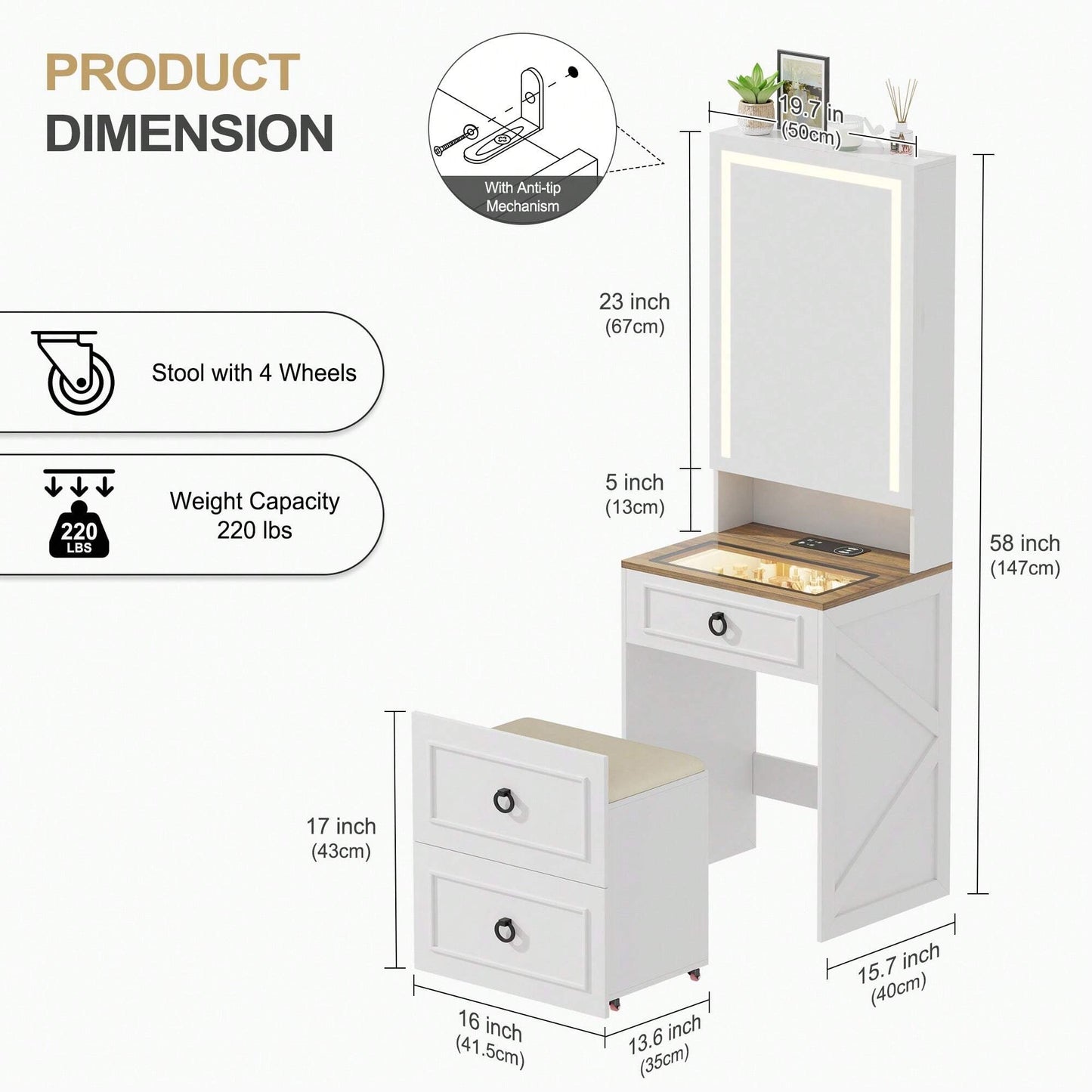 GLAMORA™ 7-in-1 Vanity Table with LED Mirror, Chair, Charging Station & Hidden Compartments