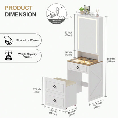 GLAMORA™ 7-in-1 Vanity Table with LED Mirror, Chair, Charging Station & Hidden Compartments