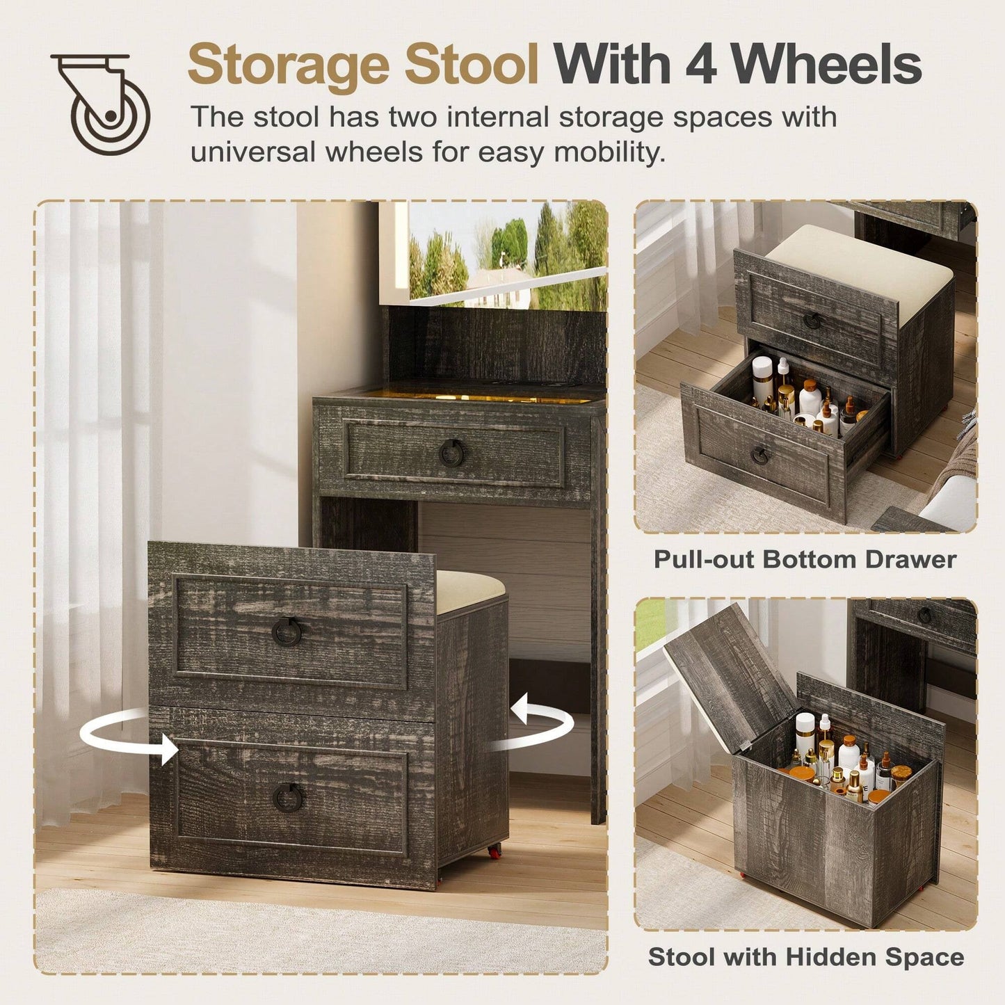 GLAMORA™ 7-in-1 Vanity Table with LED Mirror, Chair, Charging Station & Hidden Compartments