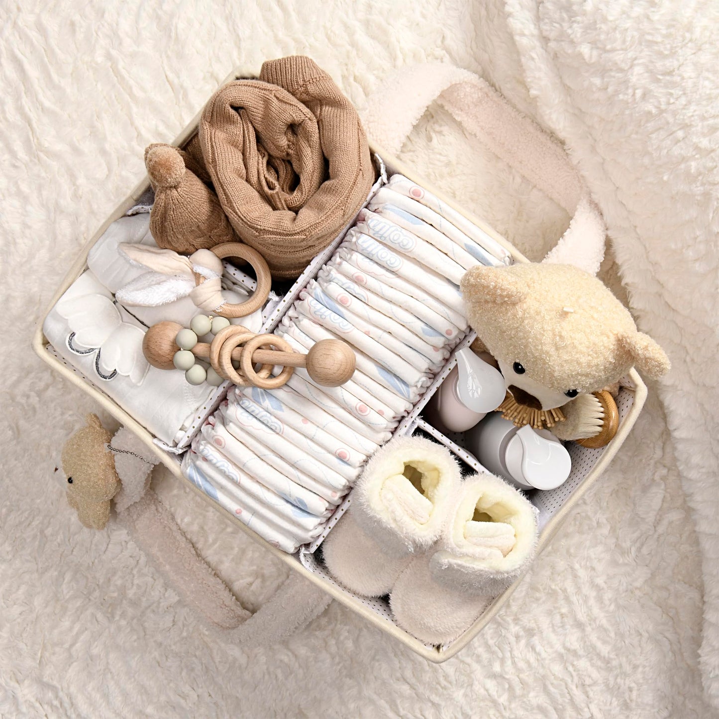 BEARIFY™ Baby Diaper Caddy – Cozy Plush Sherpa Organizer with Teddy Charm 🧸