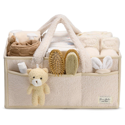 BEARIFY™ Baby Diaper Caddy – Cozy Plush Sherpa Organizer with Teddy Charm 🧸