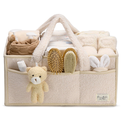BEARIFY™ Baby Diaper Caddy – Cozy Plush Sherpa Organizer with Teddy Charm 🧸