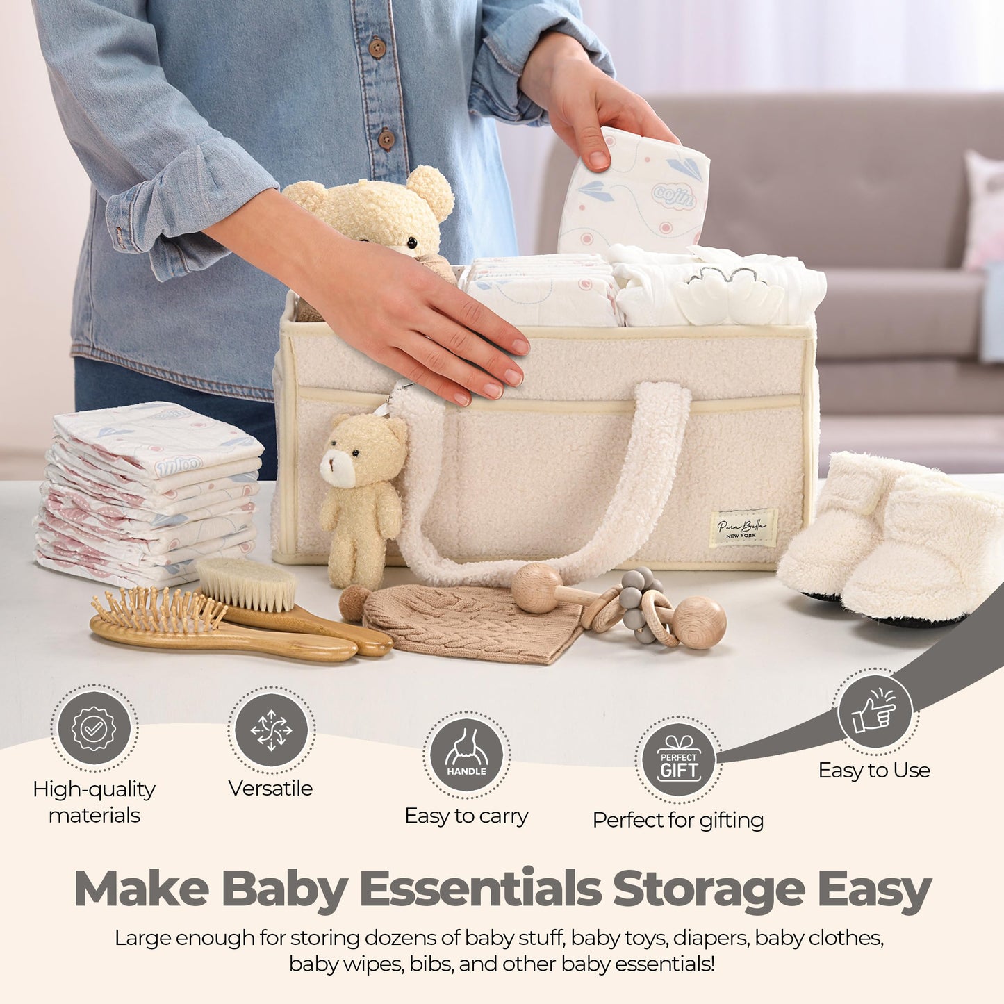 BEARIFY™ Baby Diaper Caddy – Cozy Plush Sherpa Organizer with Teddy Charm 🧸