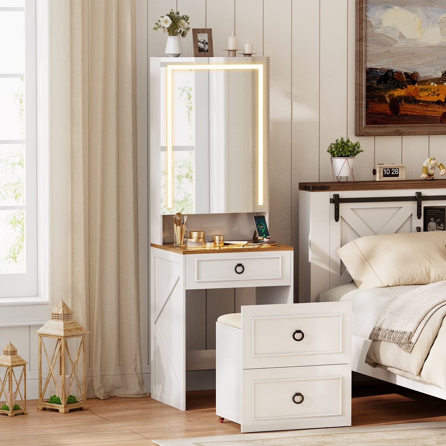 GLAMORA™ 7-in-1 Vanity Table with LED Mirror, Chair, Charging Station & Hidden Compartments