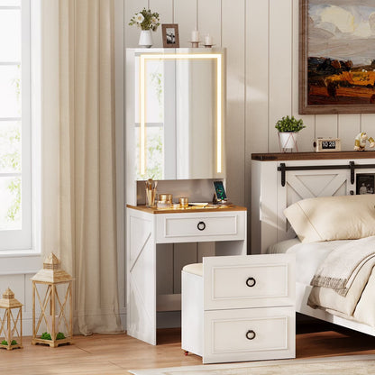 GLAMORA™ 7-in-1 Vanity Table with LED Mirror, Chair, Charging Station & Hidden Compartments