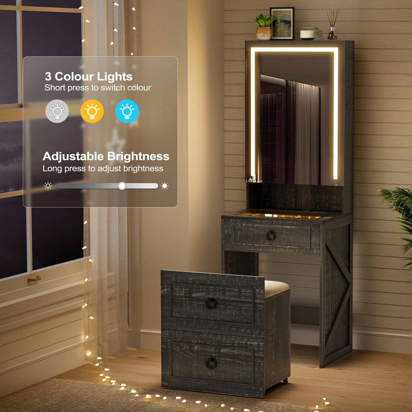 GLAMORA™ 7-in-1 Vanity Table with LED Mirror, Chair, Charging Station & Hidden Compartments