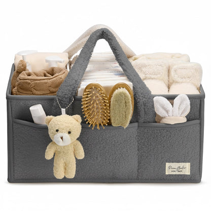 BEARIFY™ Baby Diaper Caddy – Cozy Plush Sherpa Organizer with Teddy Charm 🧸